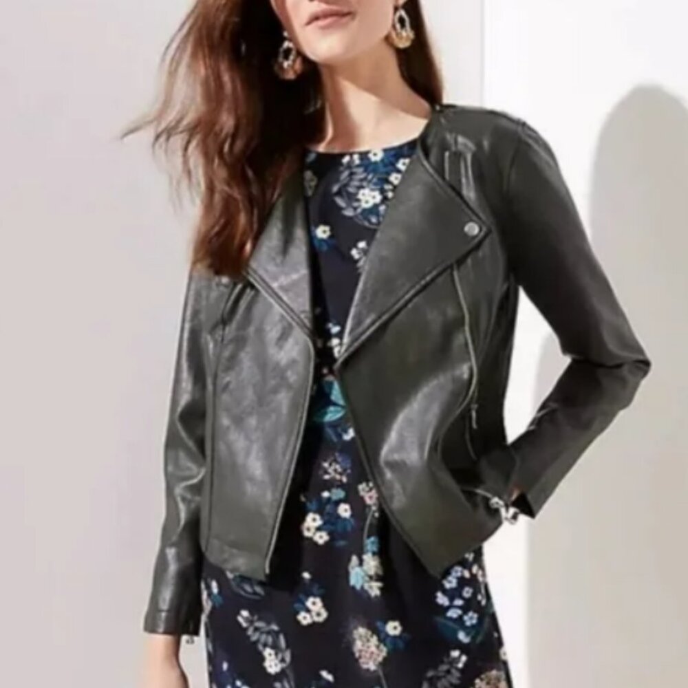 LOFT Olive Green Faux Leather Biker Jacket Asymmetrical Zipper MI3